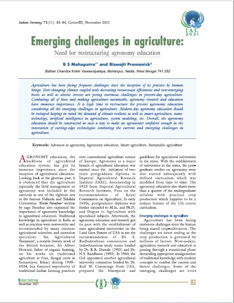 Emerging challenges in agriculture : Need for restructuring agronomy education